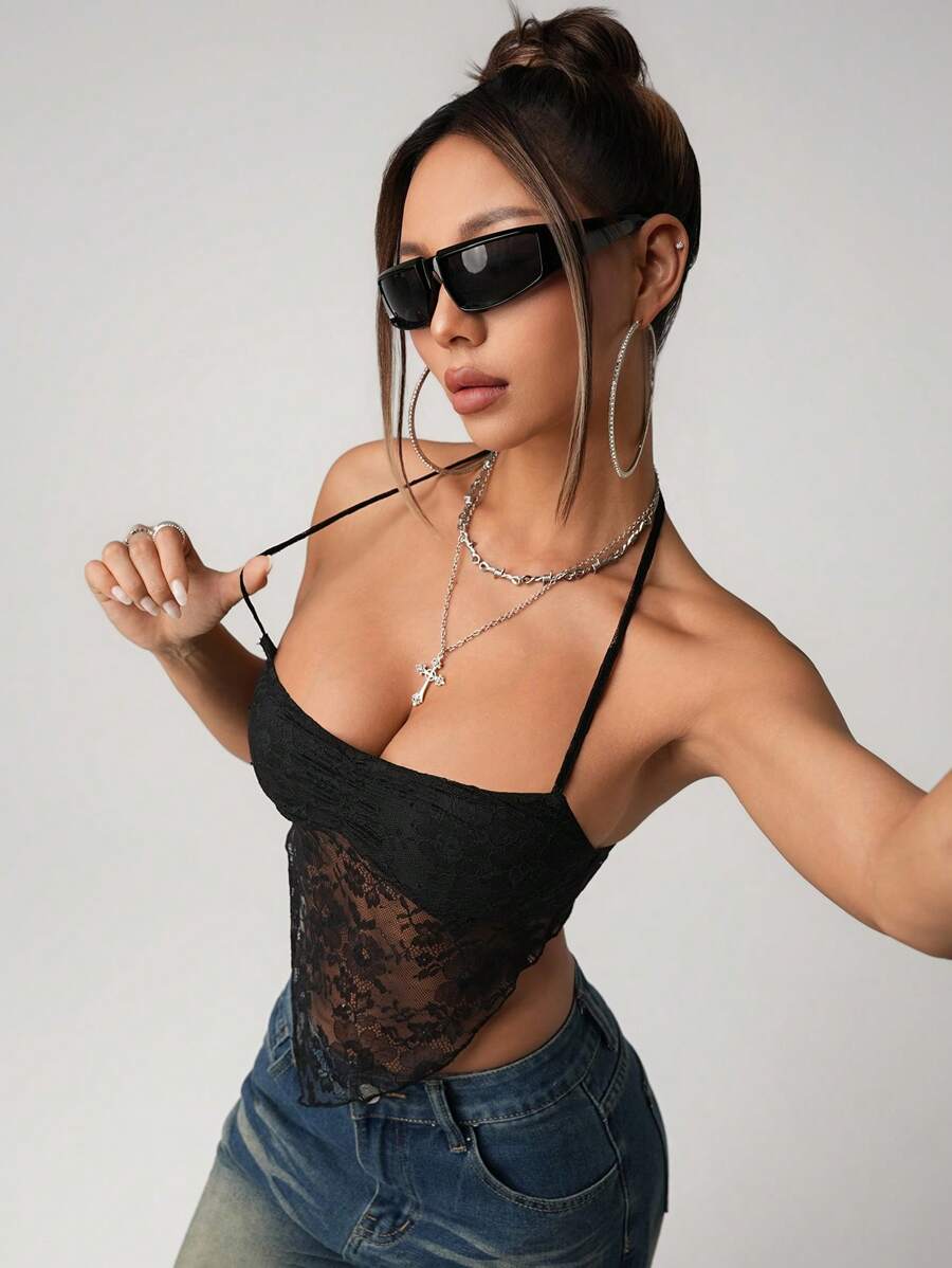 SHEIN ICON 性感黑色蕾丝领口系带蕾丝下摆短款上衣三角比基尼背心，休闲日常泳装 - 黑色 - 查看 1