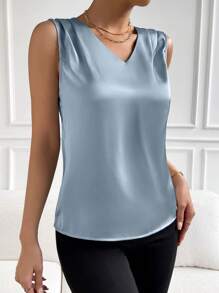 EMERY ROSE Women's V-Neck Satin Long Sleeve Blouse,Sleeveless Tops - Baby Blue - View 3