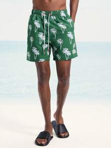 Surfspeed Pantalones cortos casuales de playa para hombres con estampado todo sobre y cordones - Verde - Ver 6