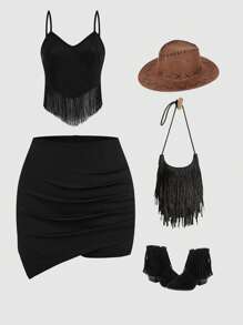 SHEIN Holidaya Große Größen Shorts für Damen mit gewobener einfarbiger Asymmetrischer Saum, elegantes, reguläres Schwarz für Frühling/Sommer