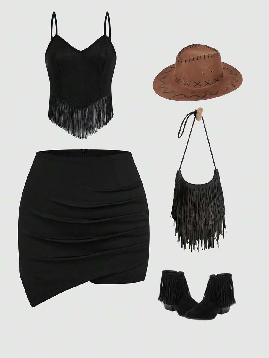 SHEIN Holidaya Große Größen Shorts für Damen mit gewobener einfarbiger Asymmetrischer Saum, elegantes, reguläres Schwarz für Frühling/Sommer