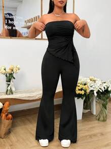 SHEIN EZwear طقم فستان مكون من 2 قطعة، توب أنبوبي أسود وبناطيل جينز واسعة الأرجل، مناسب للمقاسات الكبيرة، طقم ربيعي/صيفي - الأسود - مشاهدة 7