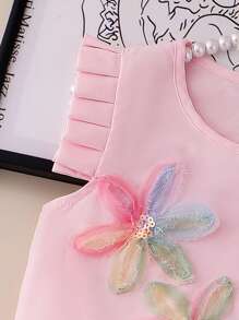2pcs/Set Little Girls Pink Soft Cap Sleeve Sparkly 6-Petal Flower Solid Foldable Shorts Suit, Sweet & Cute Casual Summer Outfit - Pink - View 5