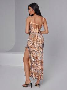 Roylia Women Leopard Print Spaghetti Strap Ruffle Hem High Split Dress - Multicolor - View 2