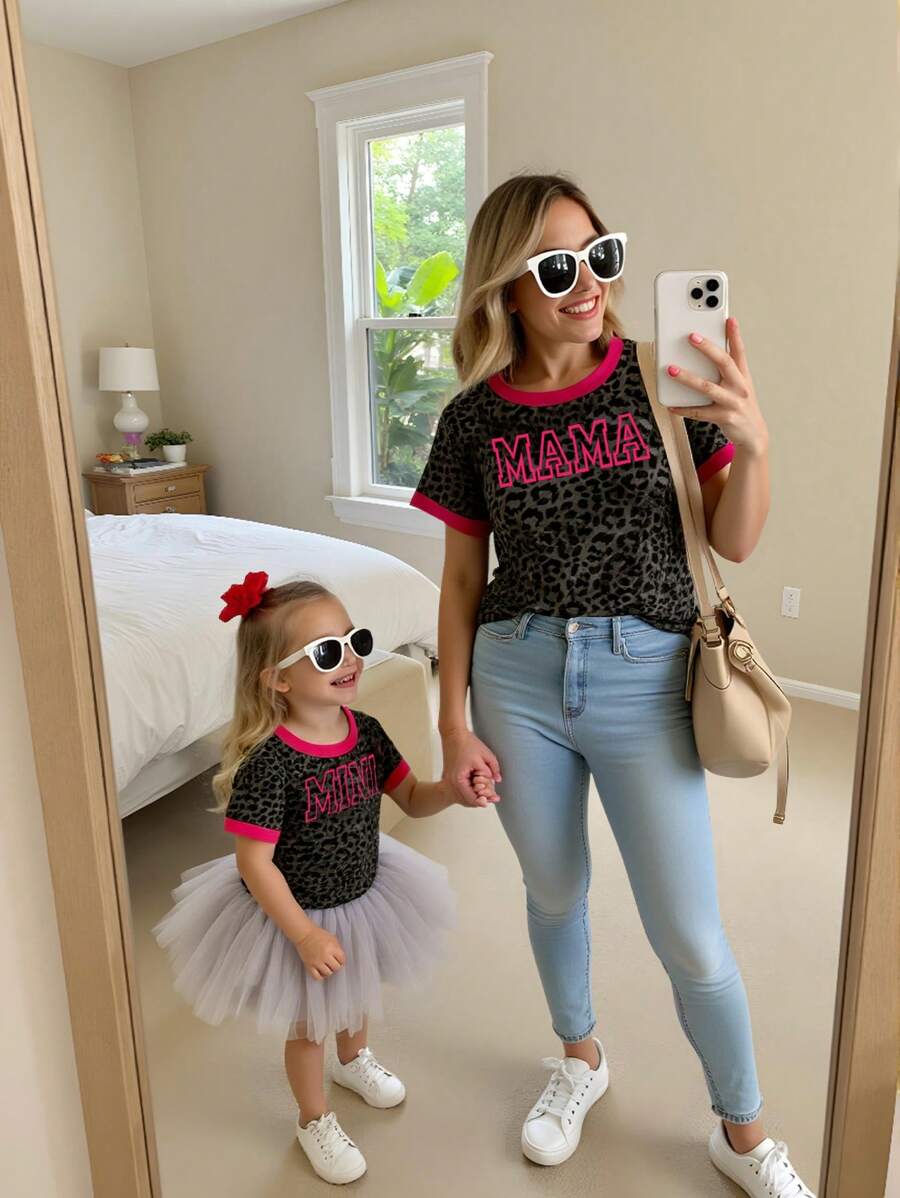 SHEIN Baby Girl Casual Fashion Creative Leopard Print & Slogan Letter Graphic T-Shirt, Mommy And Me Matching (2 Pieces Sold Separately) - Multicolor - View 1