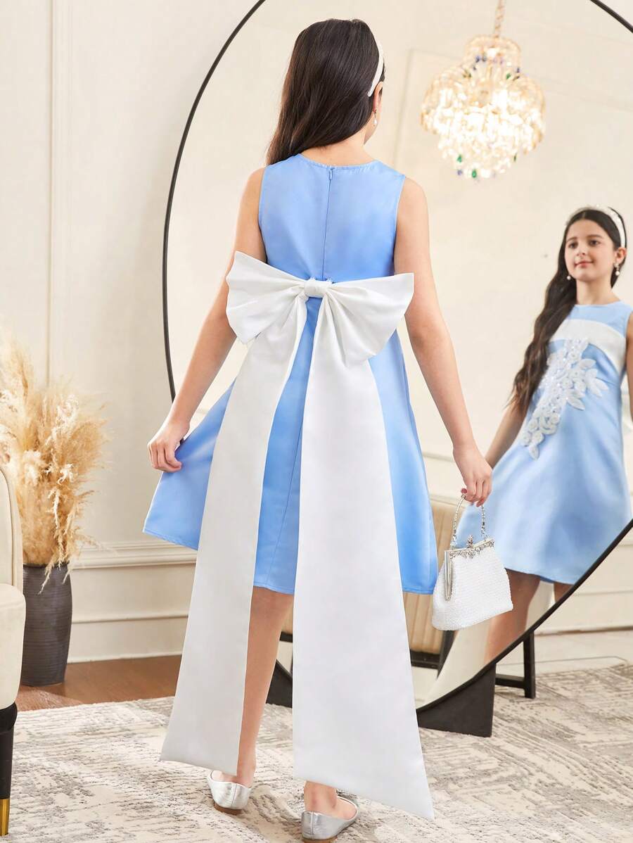 SHEIN Vestido formal elegante sin mangas con cuello redondo y lazo en la espalda para niña preadolescente - Celeste - Ver 1