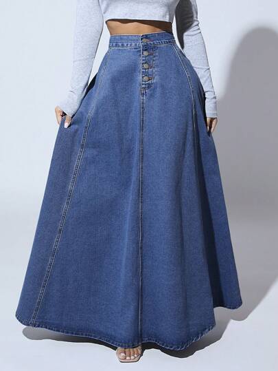 SHEIN SXY Women's Button Front Super Long Casual Denim Maxi Skirt