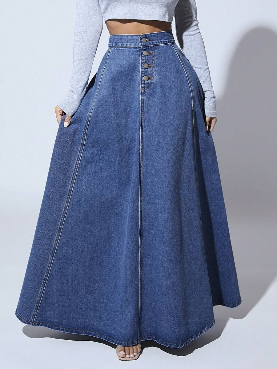 SHEIN SXY Women's Button Front Super Long Casual Denim Maxi Skirt - Medium Wash - View 1