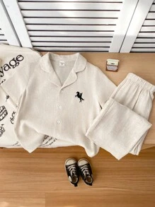 SHEIN LMoss Kids 2Pcs Young Boys Embroidery Graphic Polo Collar Button Short Sleeve + Long Pants Linen Bamboo Weave Pajama Set - Apricot - View 1