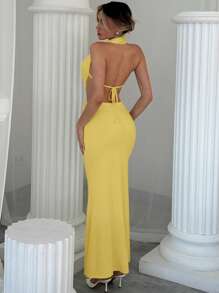 Aloruh Vestido body-con maxi romántico para una cita, con espalda descubierta, escote profundo en V, torsión y plisado, para primavera/verano