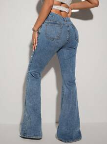 SHEIN ICON Jeans évasés casual lavés avec strass pour femmes