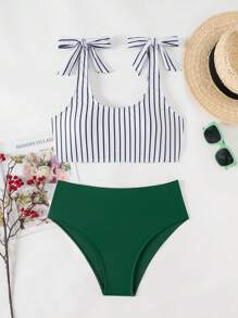Swim Lushoire Bộ Bikini In (In Ngẫu Nhiên) - Đồ Bơi Sọc Camisole Và Quần Bơi Tam Giác Màu Trơn - Nhiều màu - Xem 1