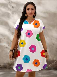 SHEIN LUNE 休闲简约多色花朵宽松短袖大码连衣裙，适合夏季
