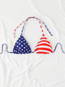 Swim Vcay Plus Size Women 4th Of July USA Flag Print Halter Tie Up Bikini Top, Sexy Fashion For Beach & Pool For Summer Beach Vacation - Multicolor - View 5