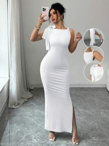Rafferiza Sexy Form-Fitting Asymmetric Neck Left Shoulder Twist Right Shoulder Ribbon Ribbed Light Blue Women Long Dress - White - View 3