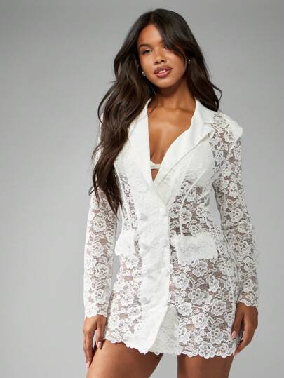 MISSGUIDED Elegant Scalloped Lace Long Sleeve Mini DressesMISSGUIDED