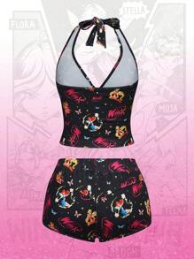 Winx Club X ROMWE 2pcs/Set Women Cartoon Print Sleeveless Halter Top And Shorts Set - Multicolor - View 2