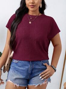 SHEIN LUNE Plus Size Women's Solid Color Round Neck Short Sleeve Casual Loose Blouse - Red Violet - View 5