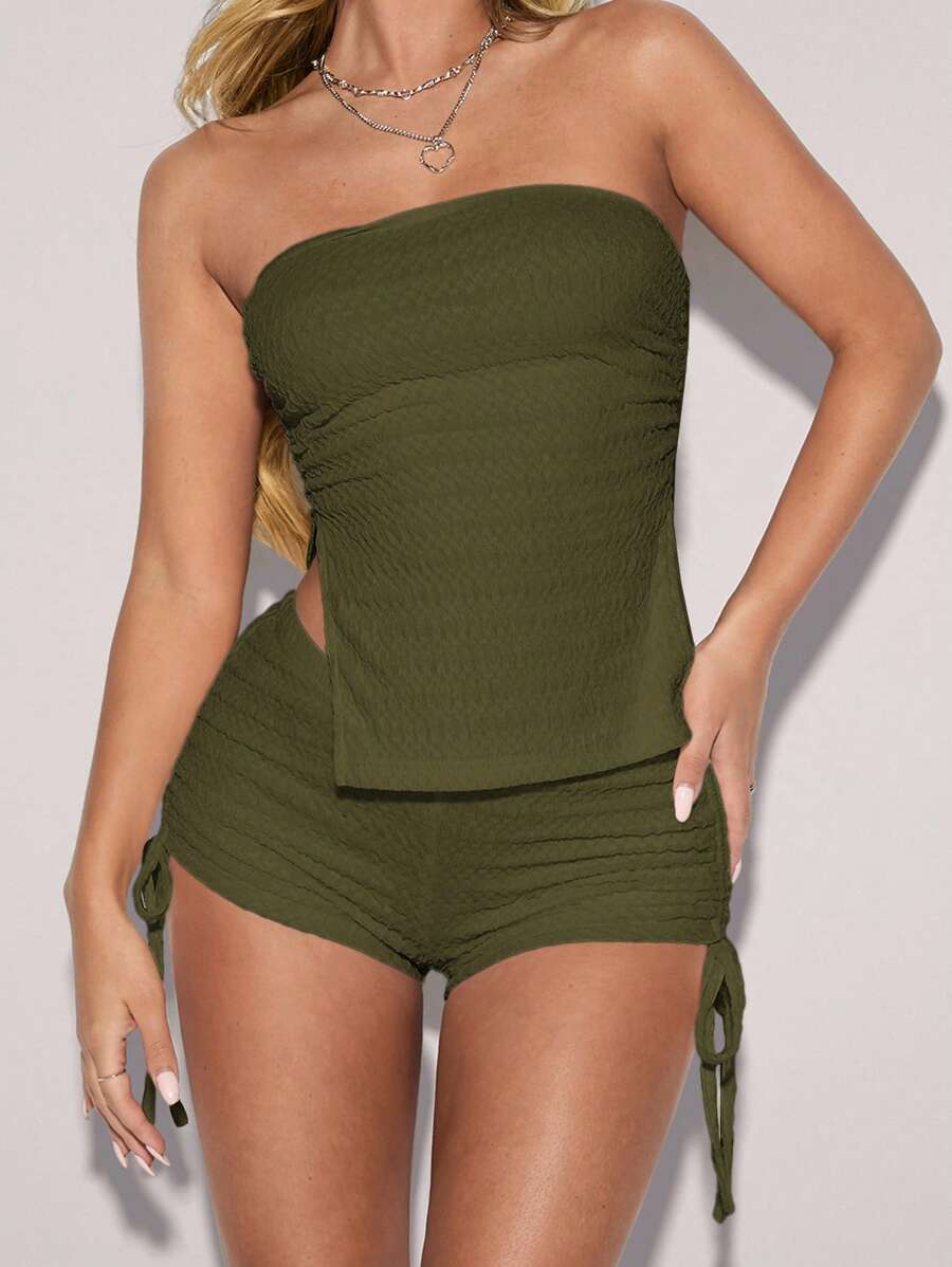 SHEIN ICON Tube Top & Tied Waist Shorts Set