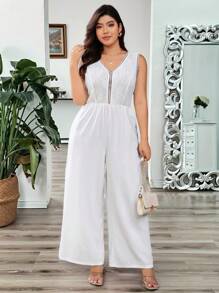 Calvaya Plus Size Women V-Neck Sleeveless Lace Patchwork Elegant Office Jumpsuit