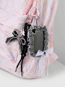 ROMWE Kawaii 1pc Y2K Retro Gothic Fashion Handcrafted Beaded Silver CCB Dripping Oil Heart Lace Bow Plaid Lanyard ID Card Holder DIY Keychain Bag Pendant, Suitable For Office Workers, Students, Daily Wear And Gifts