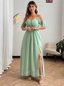 SHEIN Clasi Plus Size Women Long Ruffle Sleeve Split Hem Dress - Green - View 1