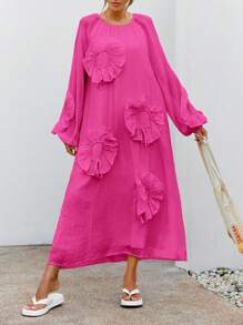 GENKIRA Elegant Solid Color 3D Floral Decor Lantern Sleeve Dress  Old Money Style For Spring Fall - Hot Pink - View 5