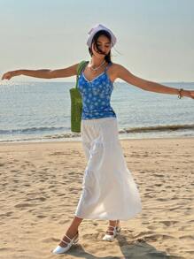 Jouncy Áo ba lỗ in hoa thời trang thường ngày cho nữ, thích hợp cho kỳ nghỉ - Màu xanh lam - Xem 5