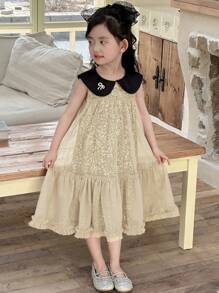 DAZY Elegantes Sommerkleid für Kleine Mädchen mit Farbblock Pailletten-Mesh-Kragen - Aprikosenfarben - Übersicht 4