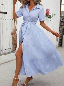 SHEIN PETITE Women's Casual Vacation Blue Striped Polo Collar Short Sleeve Self-Tie Belt Maxi Swing Dress