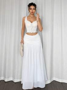 Firerie Women's Elegant Minimalist White Chiffon Asymmetric Zipper Pleated A-Line Long Skirt, Suitable For Beach, Vacation, Commute And Daily Wear - White - View 3