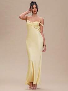 SHEIN BAE Women's Summer Clothing Pure Yellow Satin Backless Fishtail Slim Maxi Dress,Butter Yellow Dress,Summer Outfits For Women,Summer Dresses For Women,Prom Dress,Wedding Guest Dress Women,Formal Dresses For Women,Graduation Dresses For Women - Yellow - View 3