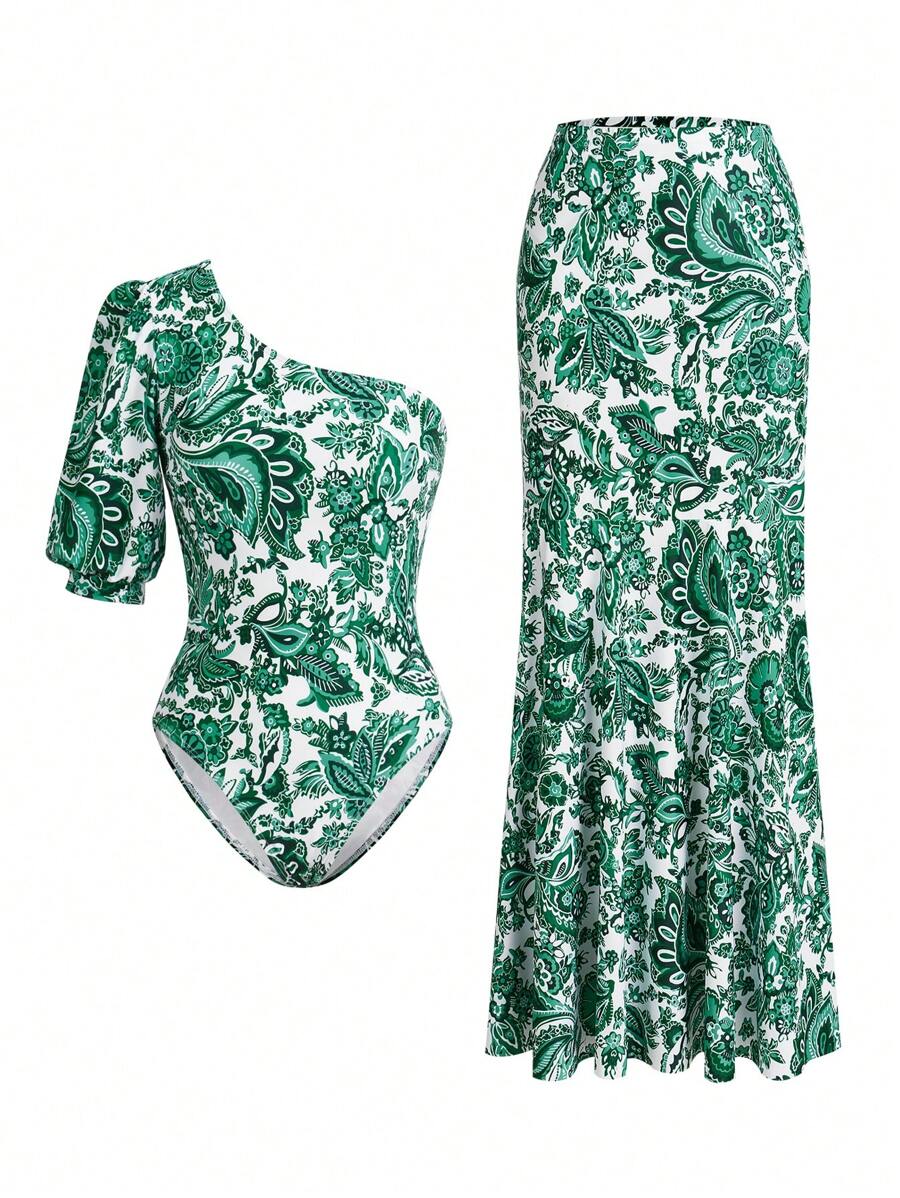 Swim Oasis Women's Retro Print One Piece Swimsuit With Cover Up & Skirt, Vacation & Beach For Summer - Multicolor - View 1