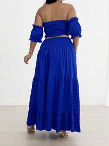 Flirla Plus Size Casual Vacation Frill Hem Crop Top + High Waist Slit Midi Skirt 2 Pieces Set - Royal Blue - View 2