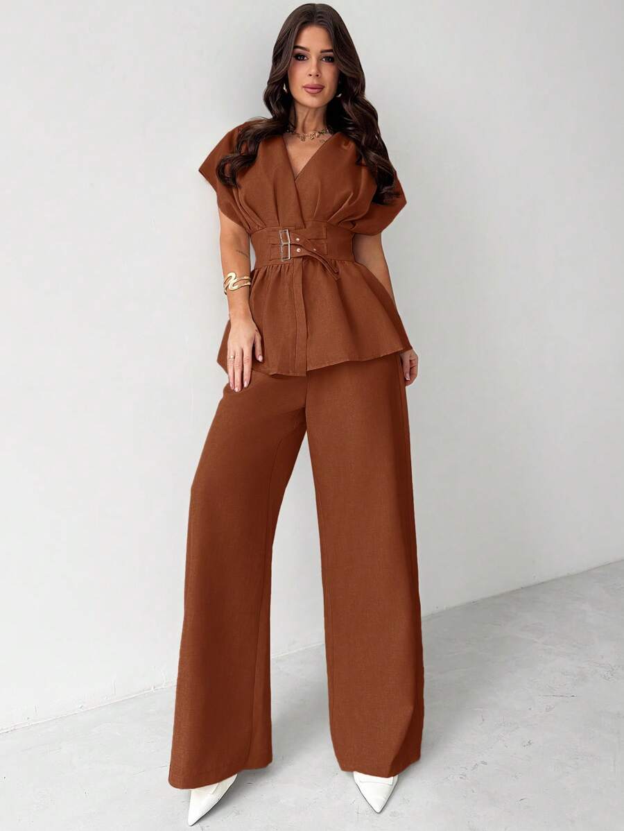 Firerie 全新优雅简约米色竹针织 V 领开衫，系腰带和阔腿高腰裤办公室套装