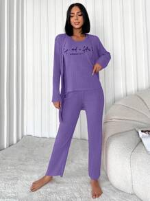 RueChic Slogan Graphic Tank Top & Belted Coat & Pants Lounge Set - Purple - View 5