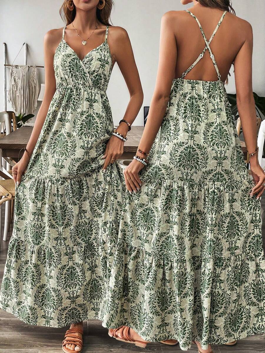 SHEIN PETITE Women Spring/Summer Casual Vacation Apricot Ground Green Floral Paisley Print Camisole Hollow-Out Waist Dress - Multicolor - View 1