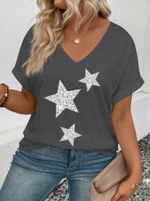 INAWLY Women's V-Neck Flare Cuff Star Print Casual Versatile Plus Size T-Shirt - Dark Grey - View 5