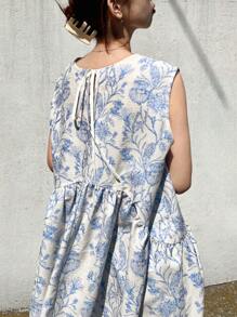 FRIFUL 女士蓝白瓷白无袖修身宽松复古风长款休闲连衣裙，撞色下摆，适合夏季邮轮旅行、夏季工作、夏季工作装、大码女式连衣裙、商务休闲装、度假装、花卉图案 - 藍色 - 查看 1