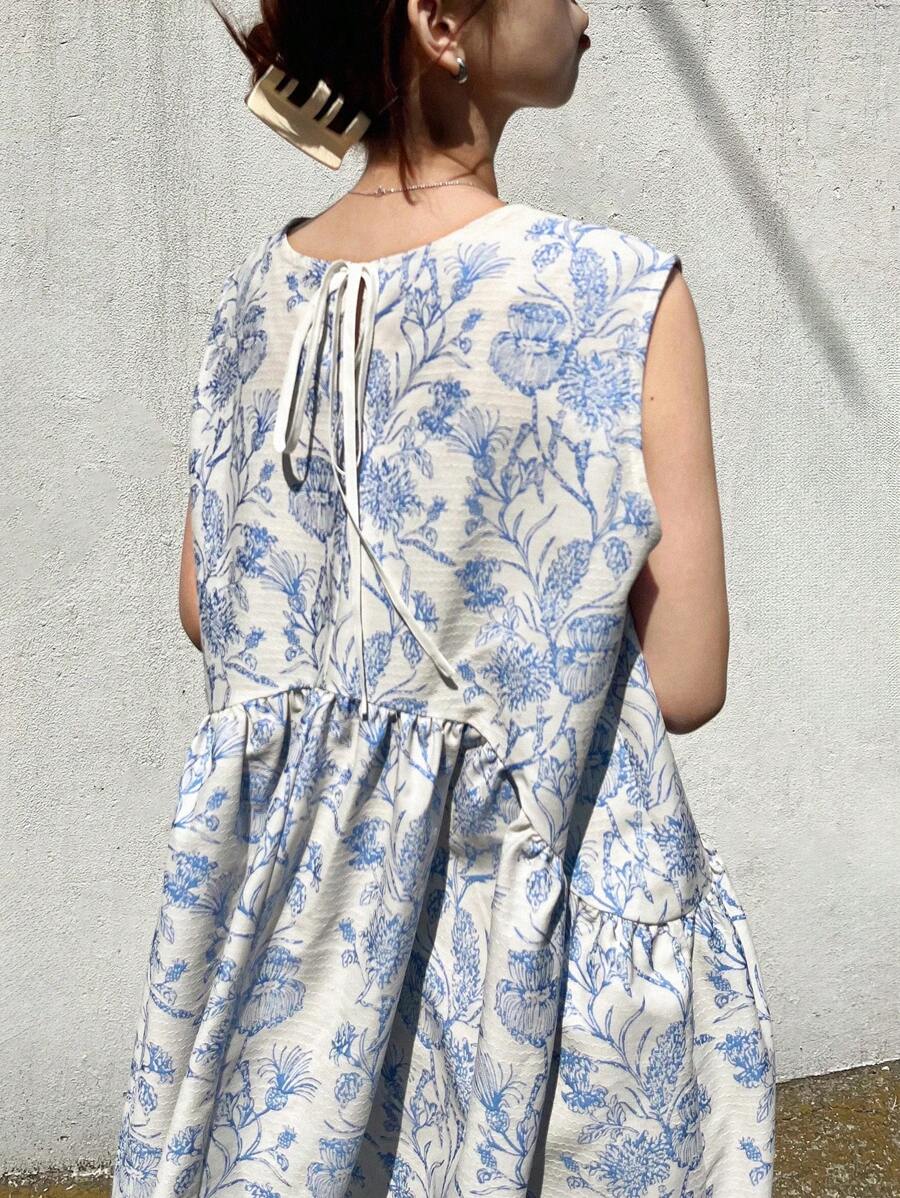 FRIFUL 女士蓝白瓷白无袖修身宽松复古风长款休闲连衣裙，撞色下摆，适合夏季邮轮旅行、夏季工作、夏季工作装、大码女式连衣裙、商务休闲装、度假装、花卉图案 - 藍色 - 查看 1