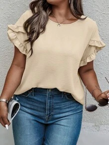 SHEIN Clasi Plus Size Women's Solid Color Ruffle Short Sleeve Casual Loose Blouse - Apricot - View 1