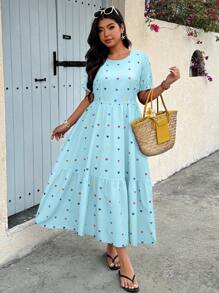 Calvaya Plus Size Women Casual Heart Shaped Ruffle Hem Short Sleeve Dress