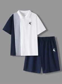 SHEIN 青少年男孩鬆身休閒彩塊針織短袖Polo衫套裝，帶下襬領