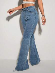 SHEIN ICON Jeans évasés casual lavés avec strass pour femmes