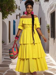 Slaydiva Plus Size Women 2025 New  Butter Yellow Arrival Casual Daily Beach Off Shoulder Layered Ruffle Belted Dress, Suitable For Spring/Summer - Yellow - View 3