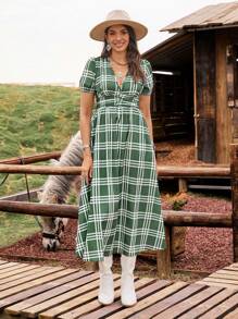 LanaWest 女士格纹面料收腰休闲日常度假通勤短袖连衣裙 - 彩色 - 查看 6