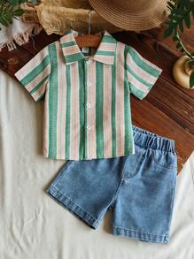 SHEIN Vintaside Kids Baby Boy Spring Summer Casual Outfit: Striped Short Sleeve Polo Shirt And Fashion Washed Denim Shorts Set, Suitable For Home, Resort, Gathering With Friends