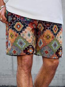 Manfinity Hypemode Pantaloncini casual da uomo adatti per l'uso quotidiano e perfetti per vacanze al mare, con un design bohémien in stile INS con motivi geometrici colorati e tessitura jacquard. Questi pantaloncini sono adatti per gite in spiaggia alle Hawaii, festival musicali e uso quotidiano.