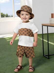 Souflis Souflis Conjunto de 3 piezas para niño pequeño - Top con estampado de parche con estampado floral combinada con pantalones y gorra, ropa casual que combina todo para ocasiones como jugar, vacaciones en verano