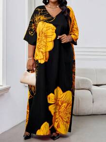 SHEIN Lady 春夏休闲优雅波西米亚风黑色编织 V 领直筒束腰连衣裙卡夫坦连衣裙长款大码连衣裙复活节连衣裙女装春季服装 - 黃色 - 查看 3